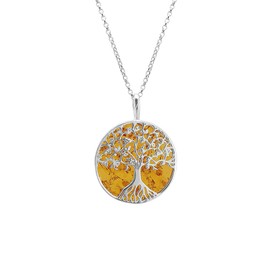 Kiara Jewellery 925 Sterling Silver Large Tree Of Life Pendant Necklace Set Upon A Disc Of Brown Amber On 18" Italian Diamond Cut Rhodium Belcher Chain.