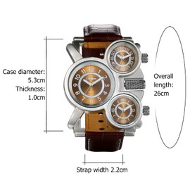 JewelryWe Mens Military Three Time Zone Quartz Watch Big Face Leather Strap Wrist Watch