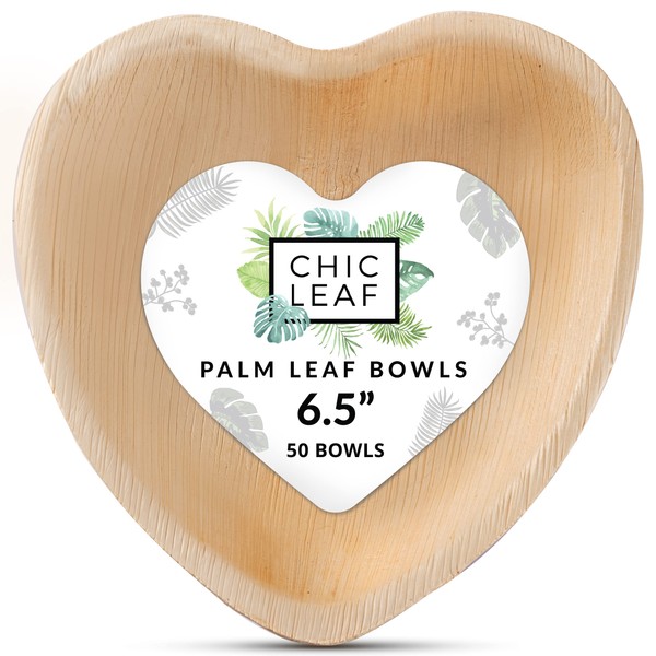 Chic Leaf Palm Leaf Bowls Disposable Bamboo Heart Shaped Bowls 6.5 Inch Heart Dish (50 Heart Bowls) - Compostable Heart Shaped Plates - Cute Plates For Catering, Charcuterie, Parties