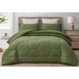 Chezmoi Collection Vero Olive Green Comforter Set Oversized King Size 3-Piece Fluffy Soft Lightweight Bedding Honeycomb Geometric Quilted Stone-Washed Microfiber Comforter Set for All Season
