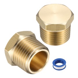 sourcing map 2Pcs Brass Hex Head Plug Compression Cap Fitting Stop Valve Cap, 3/8" NPT Hex Thread Pipe Fitting Flare Cap Tubing Ends Sealing Cap with PTFE Tape for Air Conditioner, Water, Gold