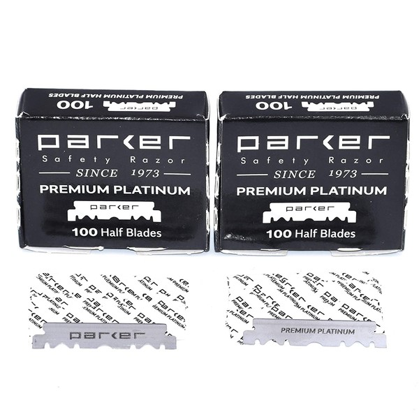 200 cuchillas Parker Premium Platinum 1/2 – para maquinillas de afeitar profesionales de peluquería, afeitadoras de afeitar y cuchillas desechables rectas (2 cajas de 100 cuchillas) – Revestimiento de polímero