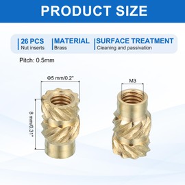 sourcing map 26 Pcs Threaded Inserts, M3 Brass Heat Set Insert for 3D Printing and Plastic Material Female Knurled Insert Nuts for Laptops Electronic Products, M3x5x8mm