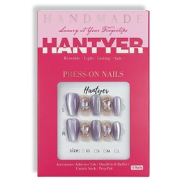 Hantyer Press on Nails, Medium Coffin Fake Nails, Purple Cat Eye & Hand-Painted Silver Lines, Butterfly Accents & Icy Lavender Glow, Gel Nails Sweet Style for Women Daily Wear & Party Events(Size M)