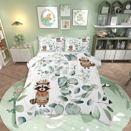 Erosebridal Cute Raccoon Twin Size Comforter Set for Kids Child Green Eucalyptus Bedding Set, Woodland Animal Down Comforter Botanical Plant Leaves Bed Set, Cartoon Wildlife Quilted Duvet