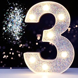 Pooqla Marquee Numbers Lights, Light up Silver Numbers, Glitter Numbers Night Light Battery Powered for Christmas Wedding Home Bar Birthday Party Decoration, Silver Number 3
