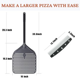 Pizza Peel 16 Inch with Long Handle, 16" Wx 18" L, Aluminum Perforated Pizza Peel 16 inch with 14" Pizza Cutter Rocker Blade, Non Stick, Easy Slide for Baking, Perfect for Outdoor & Indoor Use