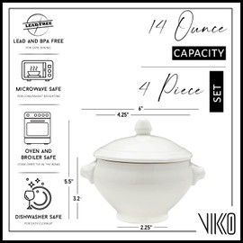 Vikko Soup Crocks With Lion Lids, 14 Ounce Modern White Soup Bowl with Cover, Set of 4 Soup Dishes, Dishwasher Safe