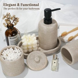 Haturi Beige Bathroom Accessories Set, 4 Pcs Stone Style Lotion Dispenser, Toothbrush Holder, Qtip Holder, Vanity Tray for Countertop Organization – Elegant Modern Neutral Bathroom Decor