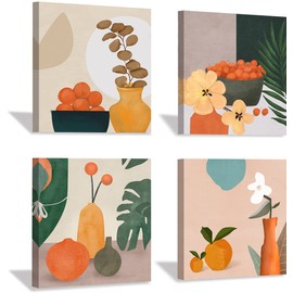 DOCLY&WOPL Boho Kitchen Decor Wall Art Modern Mid-Century Abstract Fruits Vase Paintings Prints Orange Still Life Botanical Canvas Wall Art for Dinning Room Kitchen Wall Decoration (Boho)