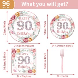 96Pcs 90th Birthday Party Decorations for Women Disposable Tableware Set -Rose Gold Floral Happy 90th Birthday Paper Plates Napkins Forks 90 Years Old Theme Party Supplies Serve 24 Guests
