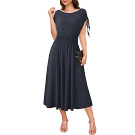 Newshows Womens 2025 Summer Drawstring Cap Sleeve Boat Neck Smocked Casual Vacation Outfits Vestidos Midi Dress(Navy Blue,M)