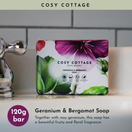 Cosy Cottage Herb Garden Geranium & Bergamot Soap Bar 120g |Handmade, Moisturising & Soothing Herbal Soap with Essential Oils | Fruity Floral Scent | No Palm Oil, SLS, Additives or Plastic