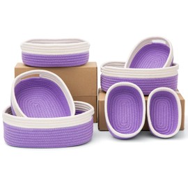 HLWDFLZ 7 Piece Cotton Rope Woven Basket Set - Woven Storage Basket Pets Toy Cotton Rope Basket for Organizing, Small Basket for Montessori, Dog Cat Toy Box, Baby Nursery (Off White/Purple)