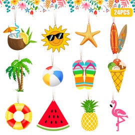 Arosche Summer Tree Decorations Hello Summer Wooden Hanging Tree Ornaments 24Pcs Hawaiian Beach Coconut Flamingo Wooden Hanging Ornaments for Indoor Home Mantle Fireplace Party Supplies