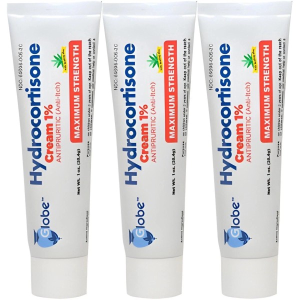 Branded 3 Pack Globe Hydrocortisone Maximum Strength Cream 1% w/