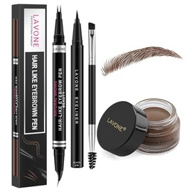 LAVONE Makeup Kit, with 2 Tip Waterproof Microblading Eyebrow Pencil, Eyebrow Pomade, Eyeliner and Dual-ended Eyebrow Brush, for Natural Hair-Like Brows - 04 Dark Brown