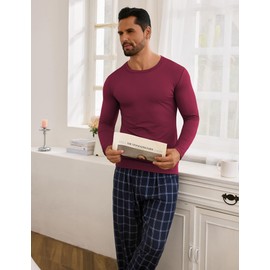 URRU Thermal Underwear for Men Fleece Lined High Stretch Long Sleeve Crewneck Thermal Shirts Base Layer Top Wine Red S