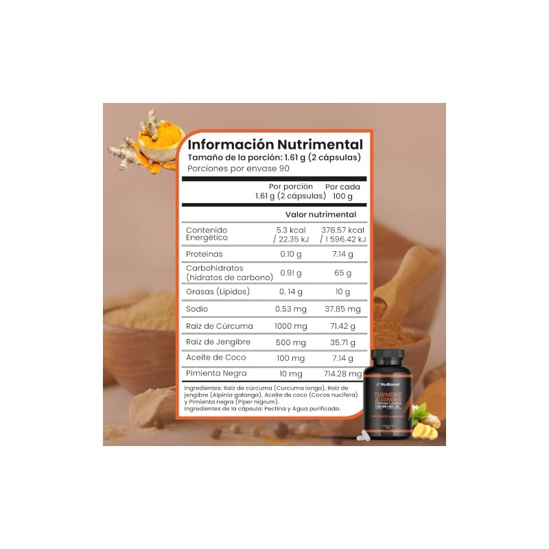 NuBoost Cúrcuma 1610 mg, Raíz de Jengibre y Pimienta Negra