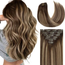 Lacer Real Hair Extensions Clip in Human Hair Highlignt Warm Brown to Dark Caramel Blonde Clip in Human Hair Extensions for Women 20 Inch 140g 7Pcs Natural Human Hair