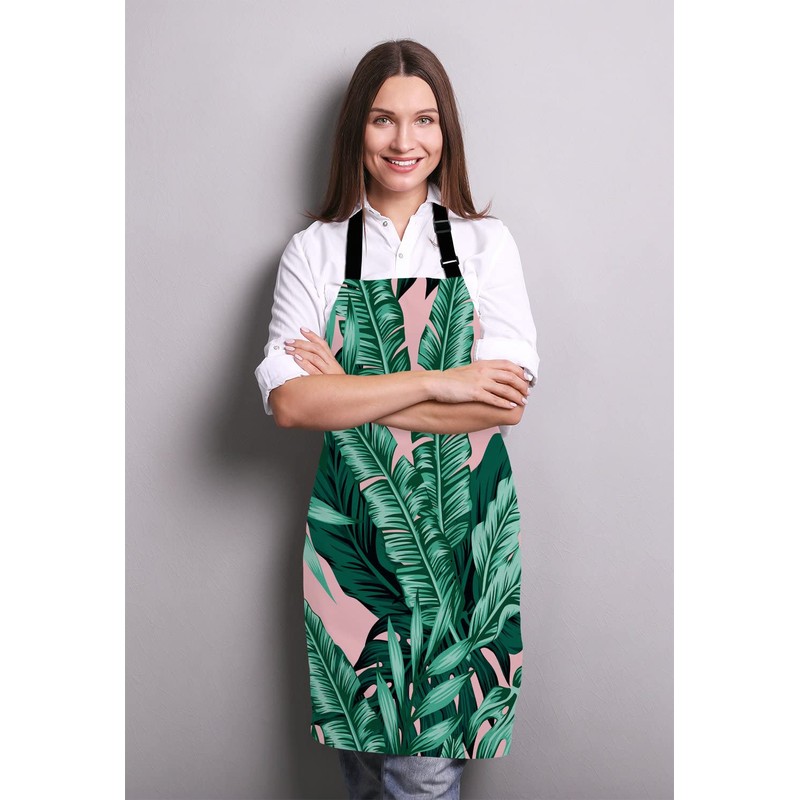 Wasach Banana Leaf Apron, Tropical green leaves Apron,Adjustable Neck Bib