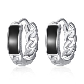 Chain Creole Earrings Silver 925 Link Earrings Black Hoop Huggie Earrings Link Chain Huggie Earrings for Men Women, Sterling Silver, No Gemstone