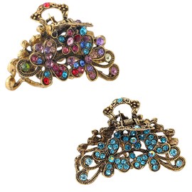 LilaLemon 2 PCS Vintage Hair Claw Clips，Shiny Rhinestone Claw Clip，Hollow Retro Flower Claw Clips，Metal Antique Silver Plated Hair Clips，Non Slip Hair Jaw Clips for Women Girls