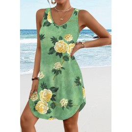 Aokosor Summer Dresses for Women Seniors 2025 V Neck Sleeveless Flowy T Shirt Dress Sundresses Casual Travel Essentials Green Floral XL