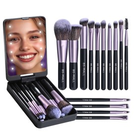 BS-MALL Juego de Brochas de Maquillaje de Viaje, Base, Corrector de Polvo, Sombras de Ojos, Conjunto de Maquillaje Con Espejo de Luz Led 14 Piezas... 