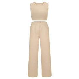EXARUS Girls Matching Set Cute Two Piece Outfits Wide Leg Pants Lounge Set Crop Tank Top Elastic High Waist with Pockets Khaki 10Y