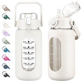 kytffu 42oz Glass Water Bottles with Straw, Motivational Glass Bottle with Silicone Sleeve and Time Marker, Leakproof Large Glass Water Jug for Gym Home Office,White