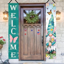 BlissYard Spring Summer Porch Banners 70x12 Welcome Sign for Front Porch Butterfly and Gnome Welcome Backdrop Signs Door Decorations Hanging Spring Summer Door Sign for Seasonal Home Decoration