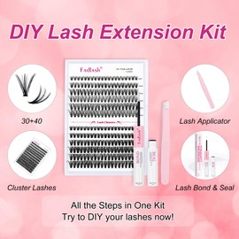 FADLASH Eyelash Extension Kit Lash Clusters C Curl Mix Tray Thin Band DIY Lash Extension Kit with Lash Bond and Seal Lash Tweezers Eyelash Applicator Tool Individual Lashes(30D+40D Kit,07C-8-16mm)