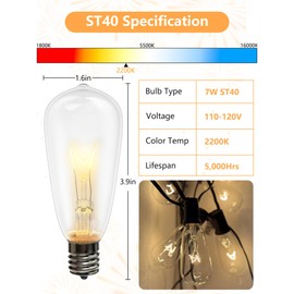 Pallerina 10-Pack Edison Replacement Bulbs ST40 Light Bulbs, 7W 120V E17 Screw Base, Edison Replacement Bulbs for Outdoor String Lights, Bulb for Patio Garden Backyard Decor, Warm White