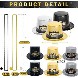HEREER 2025 Happy New Year's Eve Decoration Set 6 Pcs New Year's Eve Top Hat with 12 Pcs Gold Black Silver Bead Necklaces for Men and Women New Year's Eve Party