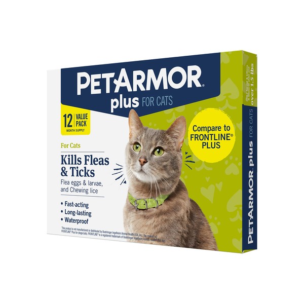 PetArmor Plus for Cats, Flea & Tick Prevention for Cats Over 1.5 lbs, Waterproof and Fast-Acting Topical Flea and Tick Medication, 12 Month of Treatment, 12 Count
