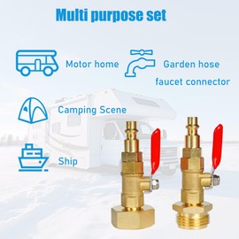 Hourleey RV Winterize Blowout Adapter with 1/4" Quick Connect Plug and 3/4" Garden Water Hose Threading, Brass Winterize Quick Adapter with Ball Valve for RV Boat Camper Trailer, 2 PCS