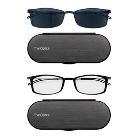 ThinOptics Bundle - Reading Glasses and Sunglasses with Cases - Ultra Thin, Durable, Lightweight - Rectangle Black 1.0x