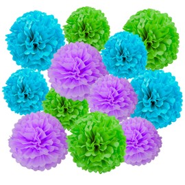 Ainmto 12pcs Blue Green and Purple Paper Pom Poms Decorations for Monsters Inc Birthday Party Decorations - 3 Colors of 12 Inch, 10 Inch