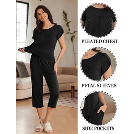 Ekouaer Womens Pajama Set Short Sleeve Sleepwear Pleated Floral Pjs Set Capri Pants Lounge Sets with Pockets S-XXL Black