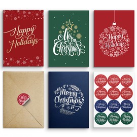 Merry Christmas Cards Boxed with Envelopes - 20 Foil-Embellished 5x7 Inch Holidays Cards with Easy-Seal Kraft Envelopes & Matching Stickers - Bulk Assorted Designs for Festive Season