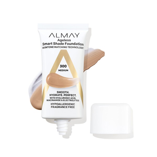 Almay Smart Shade Ageless base antienvejecimiento con ácido hialurónico, niacinamida, vitamina C y E, hipoalergénica, sin fragancia, 300 Medium, 1 onza líquida (paquete de 1)