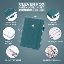 Clever Fox Planner 2nd Edition Dated Jan 2025-Jan 2026 – Colorful Weekly & Monthly Goal Setting Planner, Habit Trackers, Time Management and Productivity Organizer, Gratitude Journal, A5 (Dark Teal)