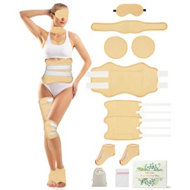 11 PCS Organic Castor Oil Pack Wrap Flannel Cotton, Castor Oil Wraps for Entire Body, Castor Oil Pads Set for Eyes Breast Waist Knees Legs Feet, Adjustable Straps, Reusable,Machine Washable (Khaki)