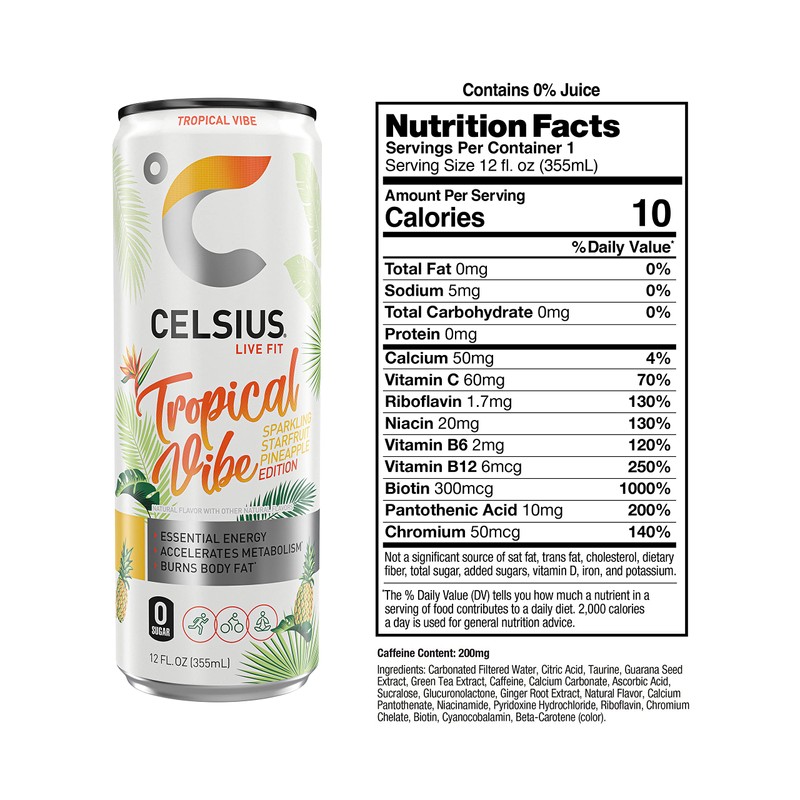 CELSIUS Sparkling Tropical Vibe, Functional Essential Energy Drink 12 Fl