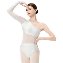 Flexdans Women's Ballet Leotard Single Shoulder Long Sleeve Ballet Dance Mesh Leotard for Adults, white