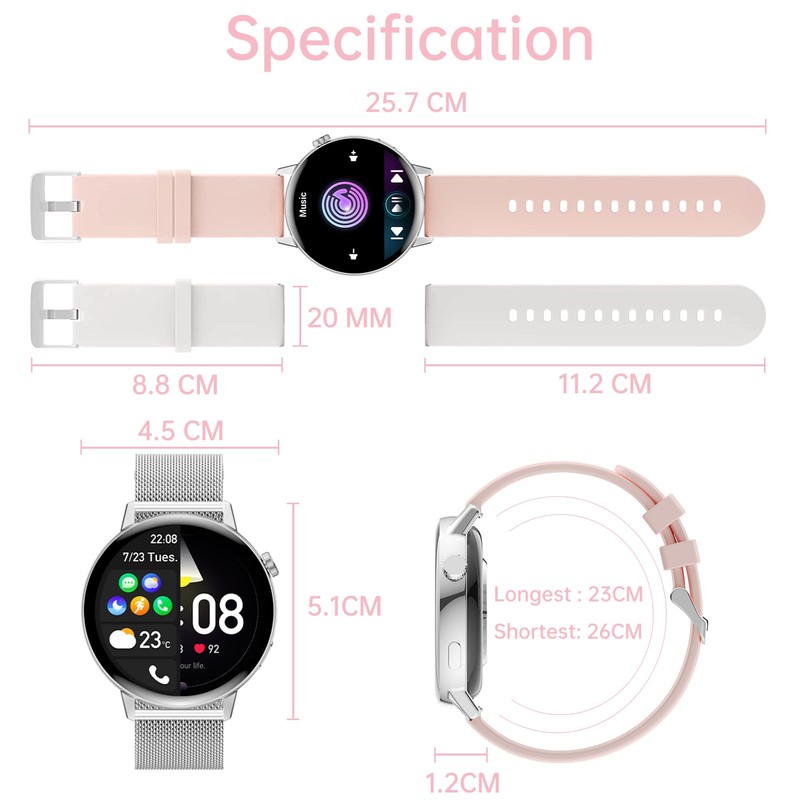 Erkwei Smartwatch Bluetooth Calls Women's Watch Fitness Watch Pedometer for