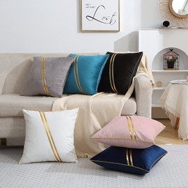 WACOMECO Pack of 2 Gold Throw Pillow Covers - Soft Decorative Luxury Velvet Cushion Covers Pillow Cases with Gold Leather for Sofa Bedroom Livingroom Car, 18 x 18 in, Grey