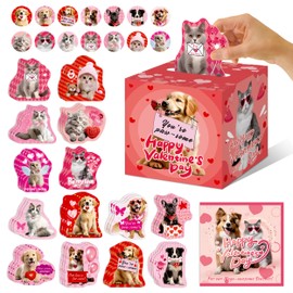 42 Pack Pet Valentine's Day Card Set for Kids with DIY Box, Dog and Cat Designs, for School Classroom Exchanges, Boys and Girls Valentine's Day Gifts(1 Mailbox, 42 Cards, 42 Stickers）