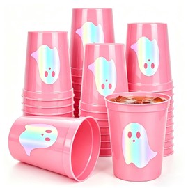 24 Pack Halloween Iridescent Plastic Cups, Ghost, Pink Color, 16oz